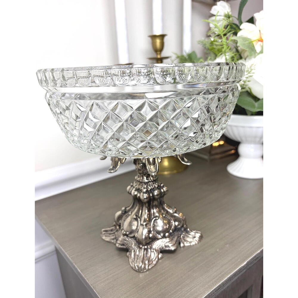 Vintage Lead Crystal Pedestal Compote Bowl Hollywood Regency Diamond Cut Dish